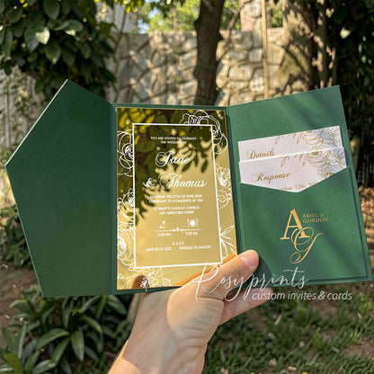 elegant roses gold mirror acrylic emerald green wedding invitations