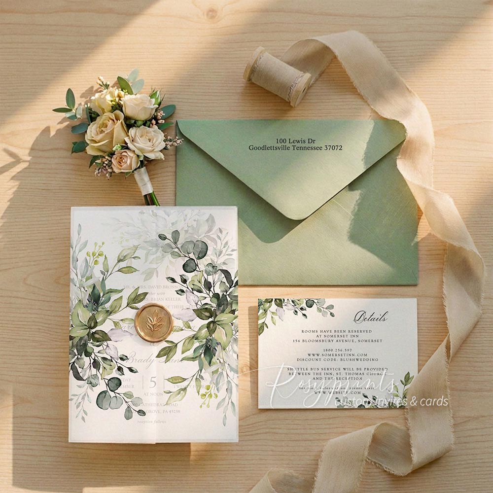 eucalyptus sage green vellum paper wedding invitations