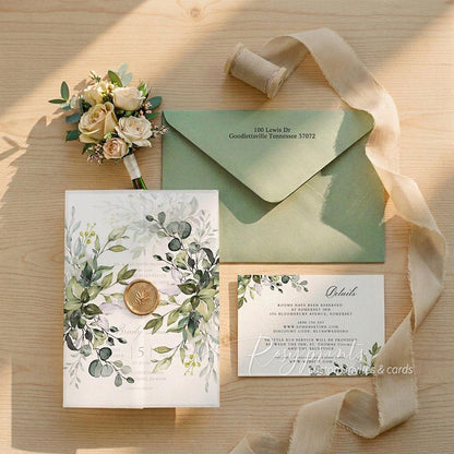 eucalyptus sage green vellum paper wedding invitations