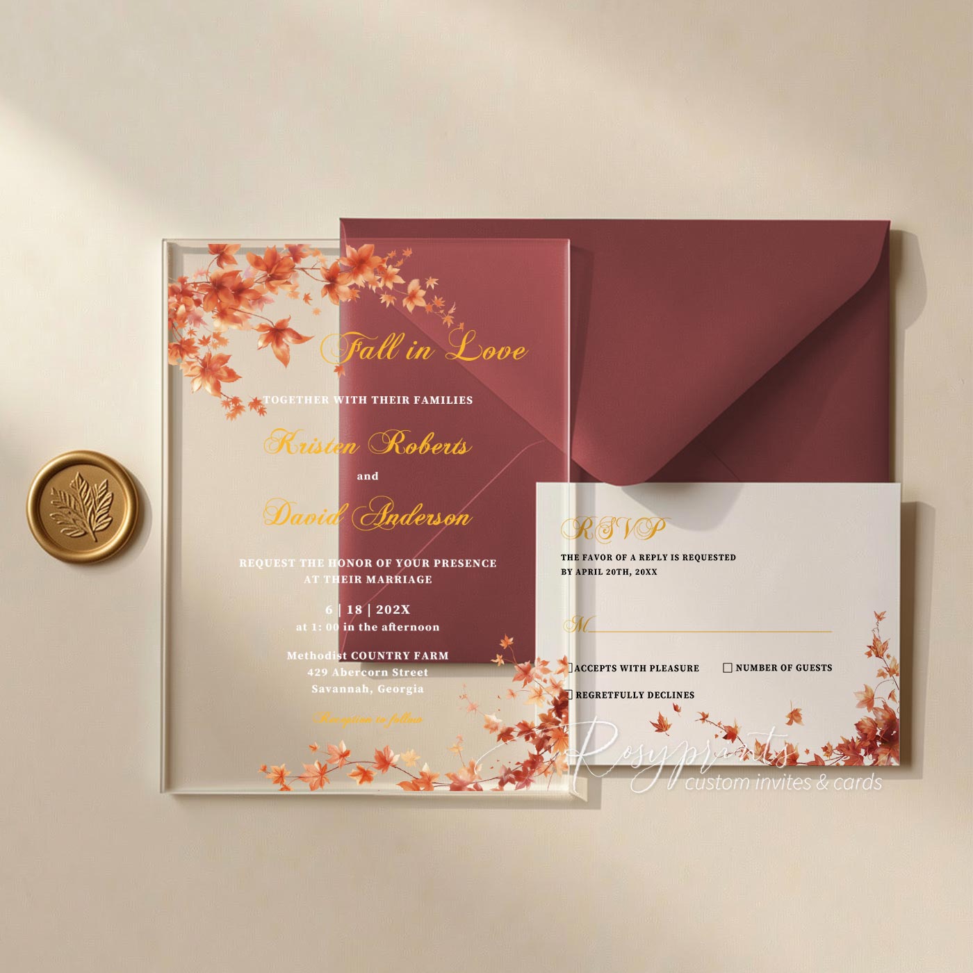 fall maple leaf clear acrylic wedding invitations
