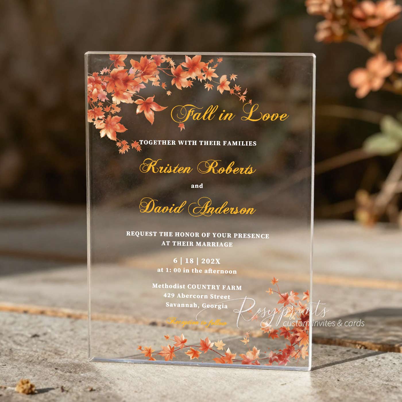 fall maple leaf clear acrylic wedding invitations