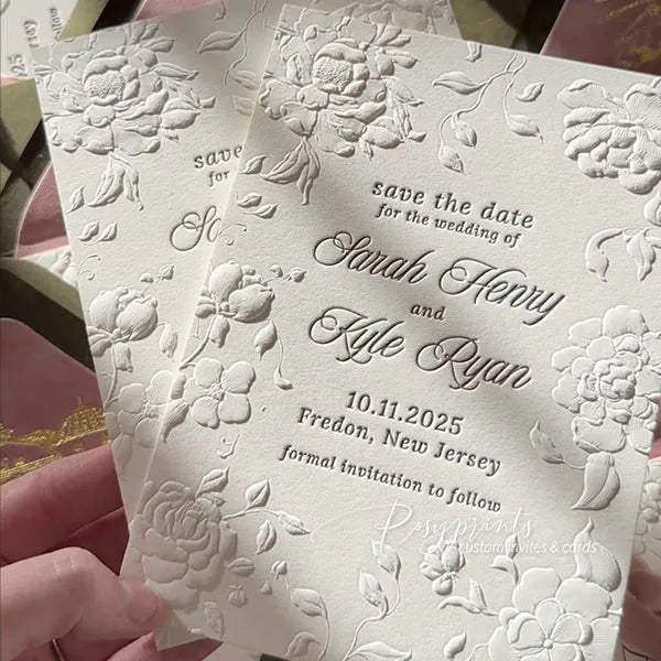blind floral embossed letterpress wedding invitations