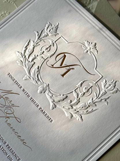 floral embossed wedding invitations with custom venue sketch