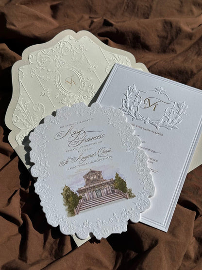 floral embossed wedding invitations with custom venue sketch