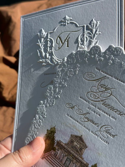 floral embossed wedding invitations with custom venue sketch