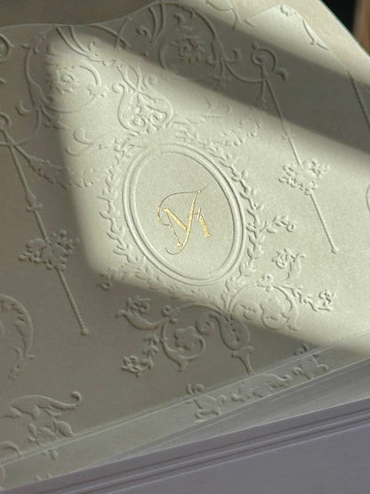 floral embossed wedding invitations with custom venue sketch