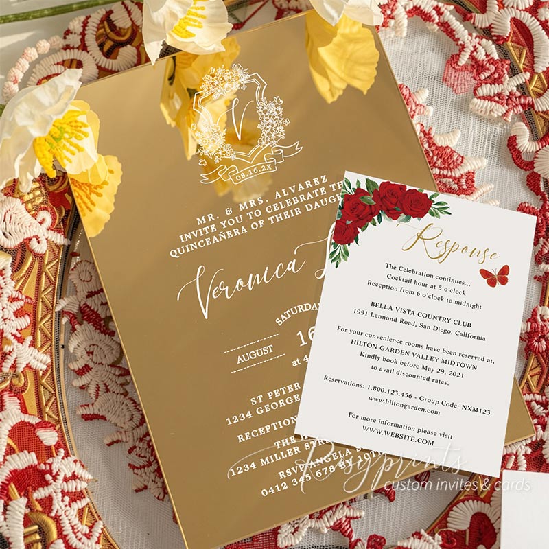 red and gold foil gold mirror acrylic birthday invitations RPMA10