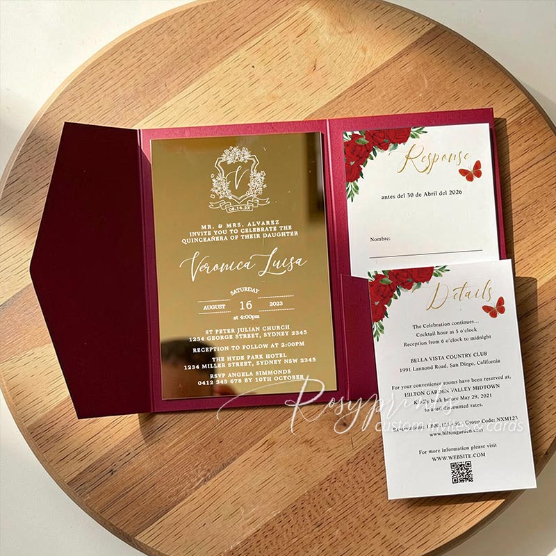 red and gold foil gold mirror acrylic birthday invitations RPMA10