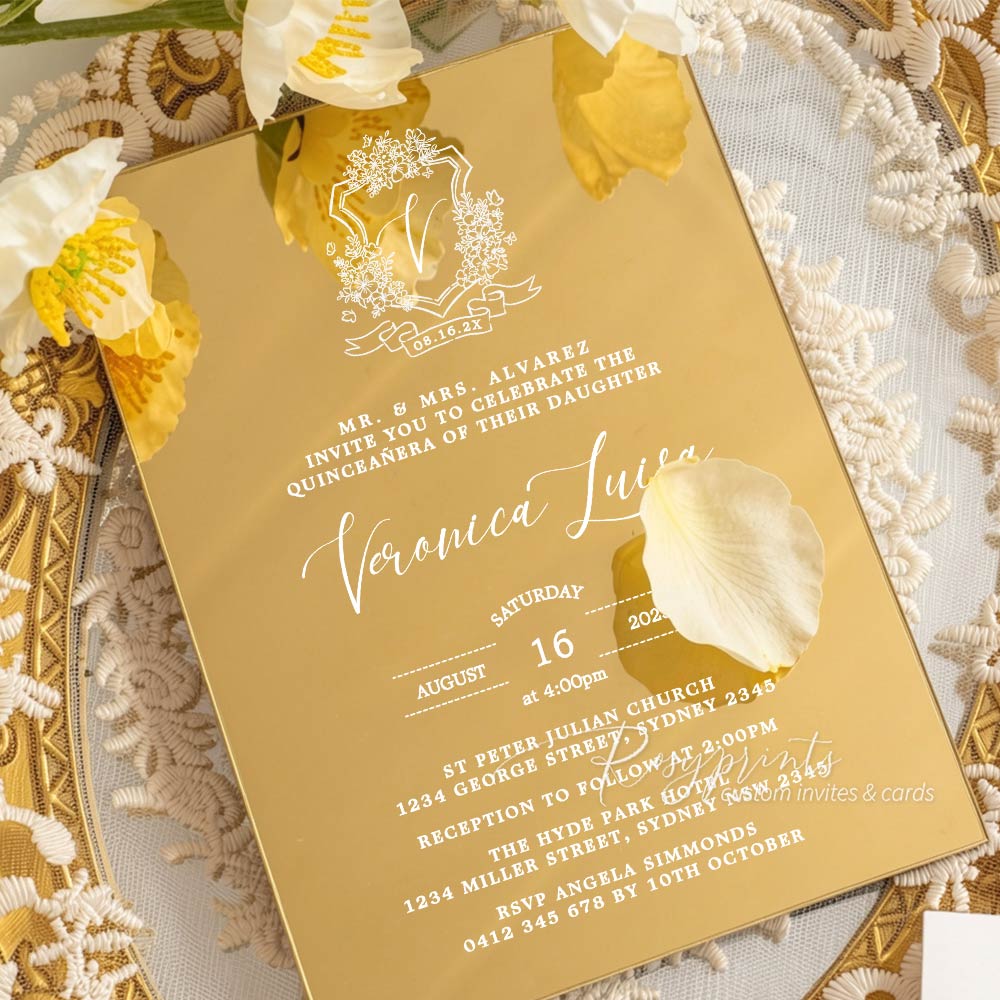 red and gold foil gold mirror acrylic birthday invitations RPMA10