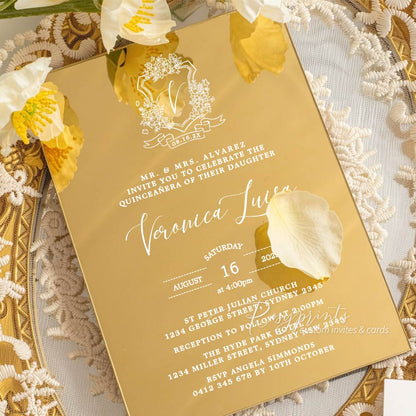 red and gold foil gold mirror acrylic birthday invitations RPMA10