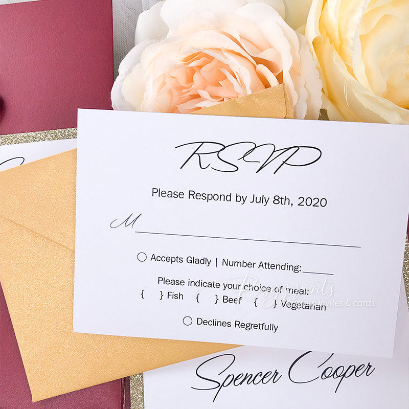 formal burgundy gold pocket wedding invitations