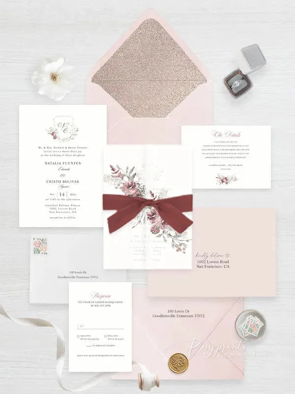 Rose gold blush dusty rose wedding invitations RPV13 - Rosy Prints