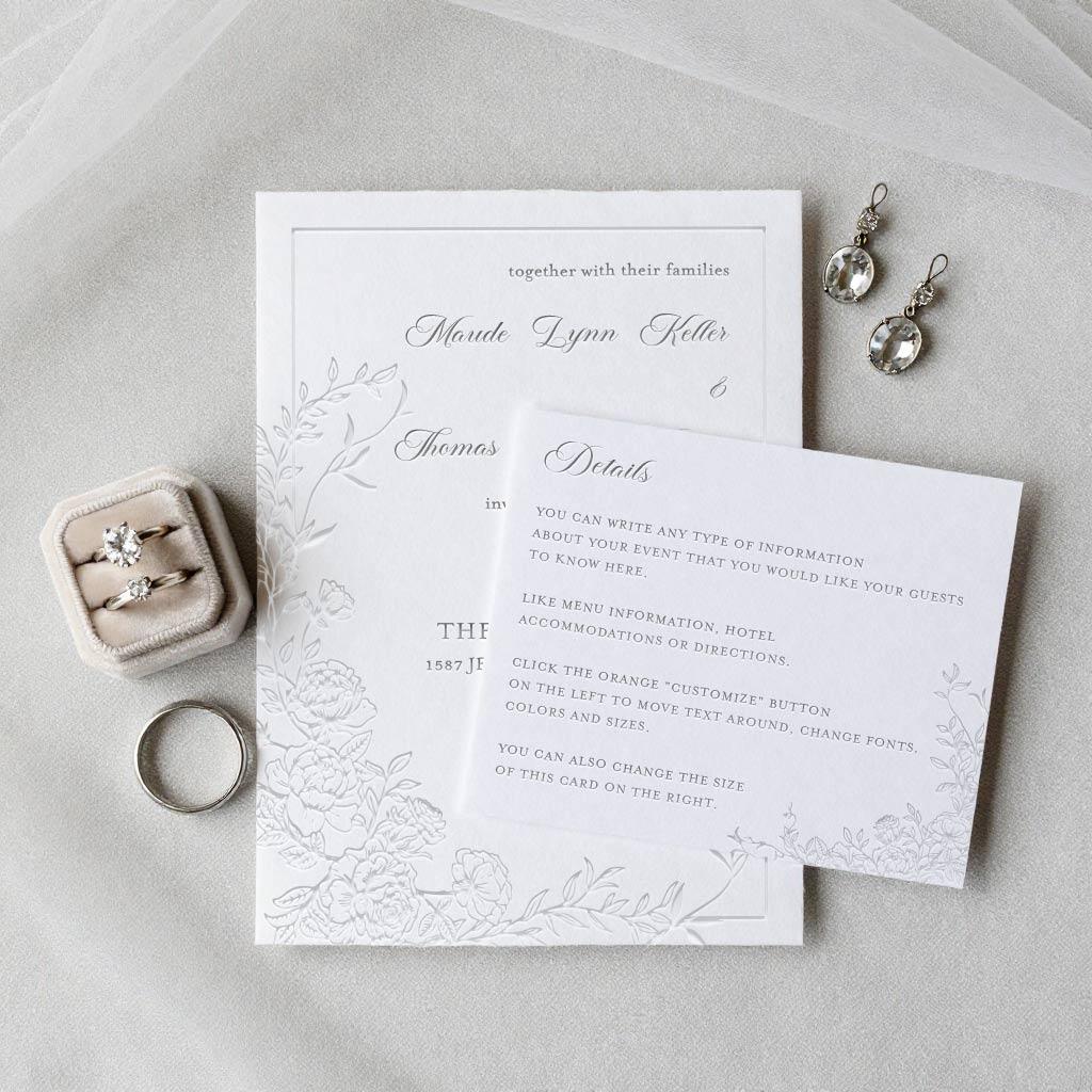 hand drawn peony floral letterpress wedding invitations