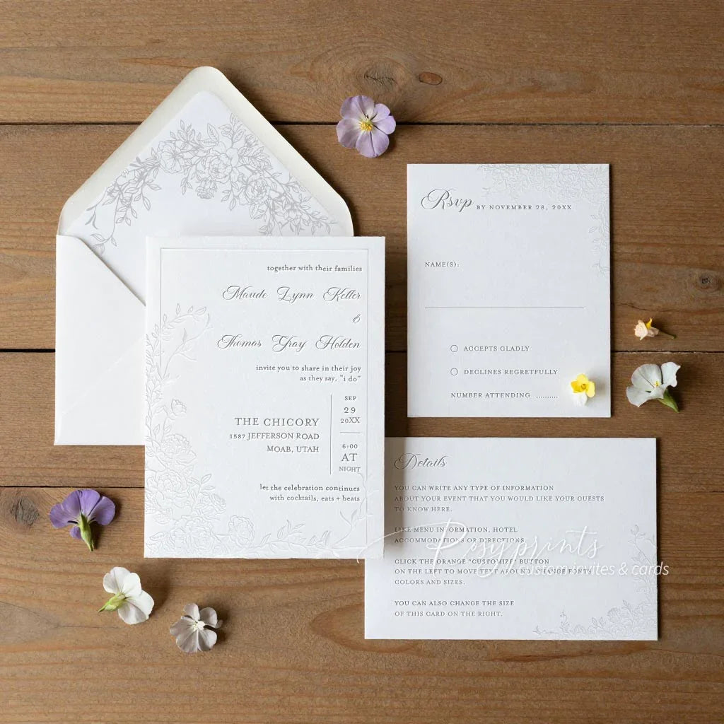hand drawn peony floral letterpress wedding invitations