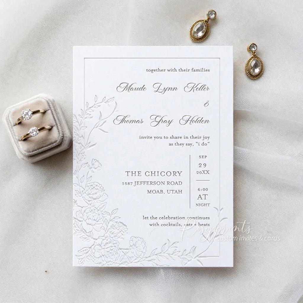 hand drawn peony floral letterpress wedding invitations
