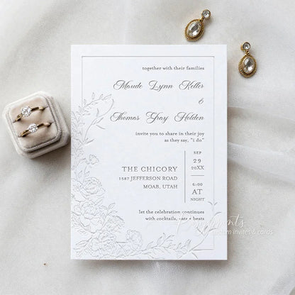 hand drawn peony floral letterpress wedding invitations