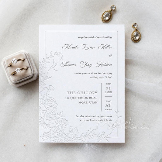 hand drawn peony floral letterpress wedding invitations
