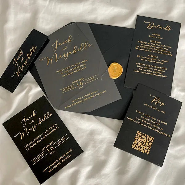 luxury gold foil black and gold clear acrylic wedding invitations