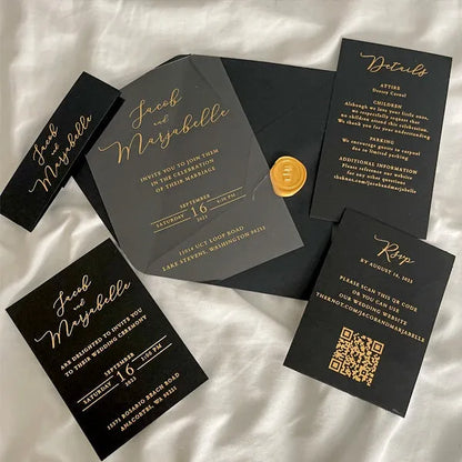luxury gold foil black and gold clear acrylic wedding invitations