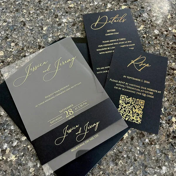 luxury gold foil black and gold clear acrylic wedding invitations
