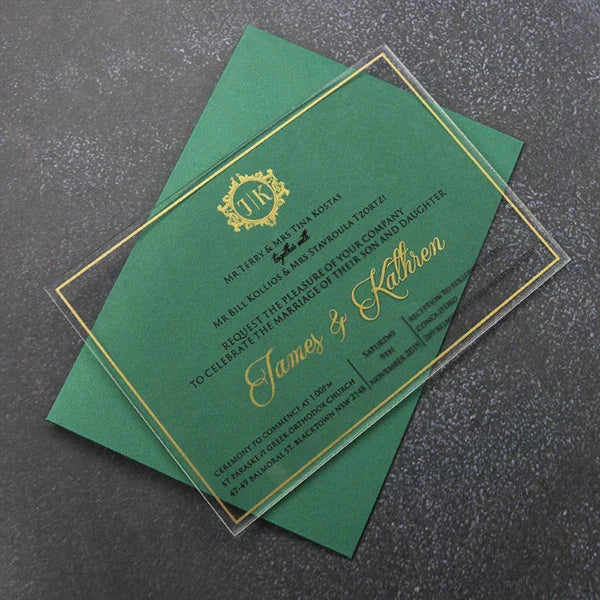 gold crest formal clear acrylic wedding invitations