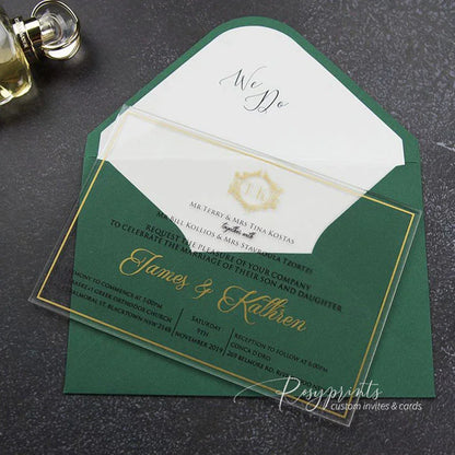 gold crest formal clear acrylic wedding invitations