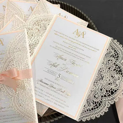 boho peach coral gold foil laser cut wedding invitations