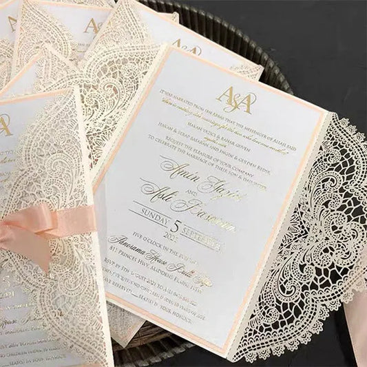 boho peach coral gold foil laser cut wedding invitations