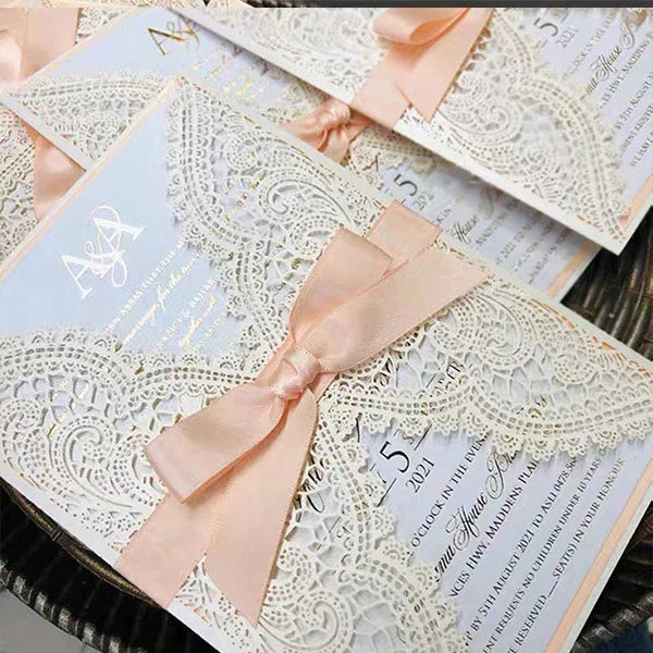 boho peach coral gold foil laser cut wedding invitations