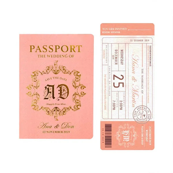 gold foil boarding passport ticket wedding card ROSYF10 - Rosy Prints