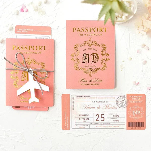 gold foil boarding passport ticket wedding card ROSYF10 - Rosy Prints