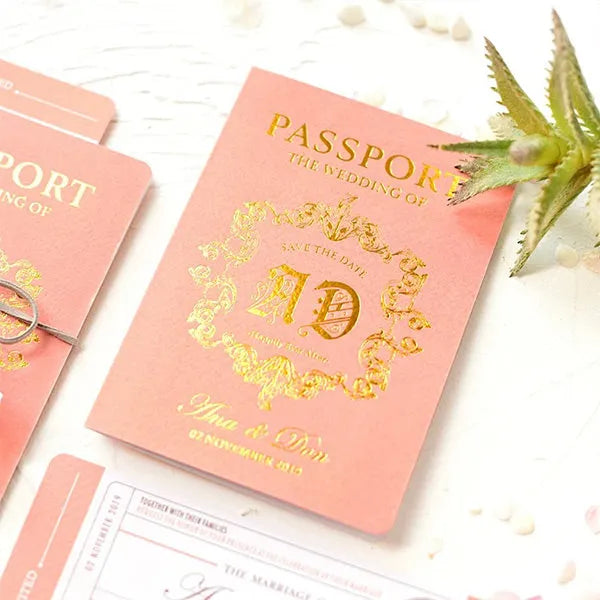 gold foil boarding passport ticket wedding card ROSYF10 - Rosy Prints