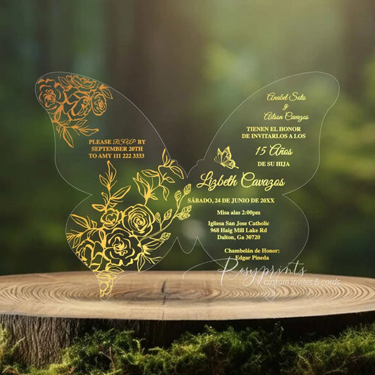 gold foil Butterfly-shaped birthday invitation with floral designs 
