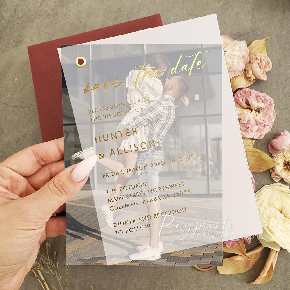 gold foil vellum overlay custom save the dates with photo