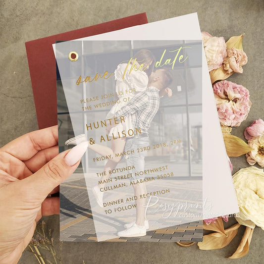 gold foil vellum overlay custom save the dates with photo