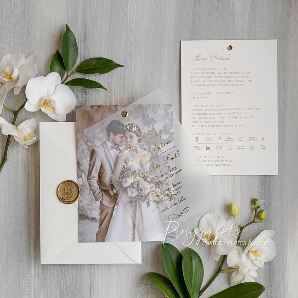 gold foil vellum overlay photo wedding invitations