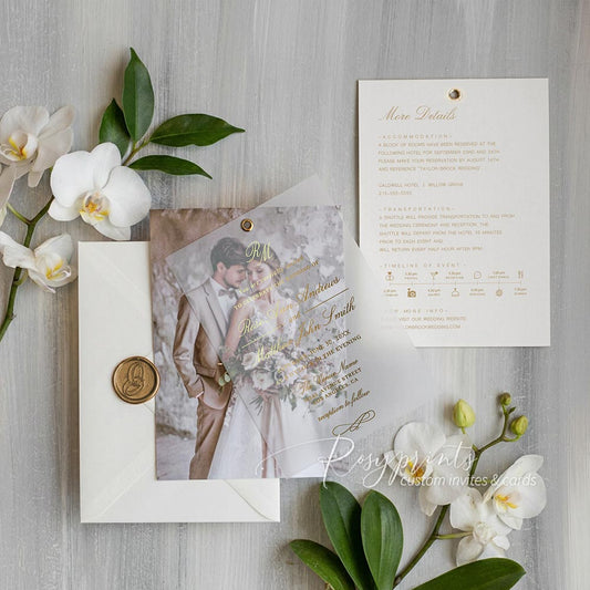 gold foil vellum overlay photo wedding invitations