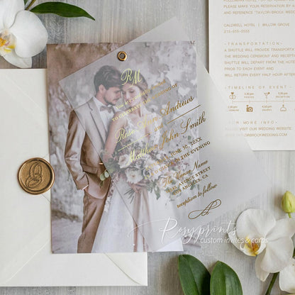 gold foil vellum overlay photo wedding invitations