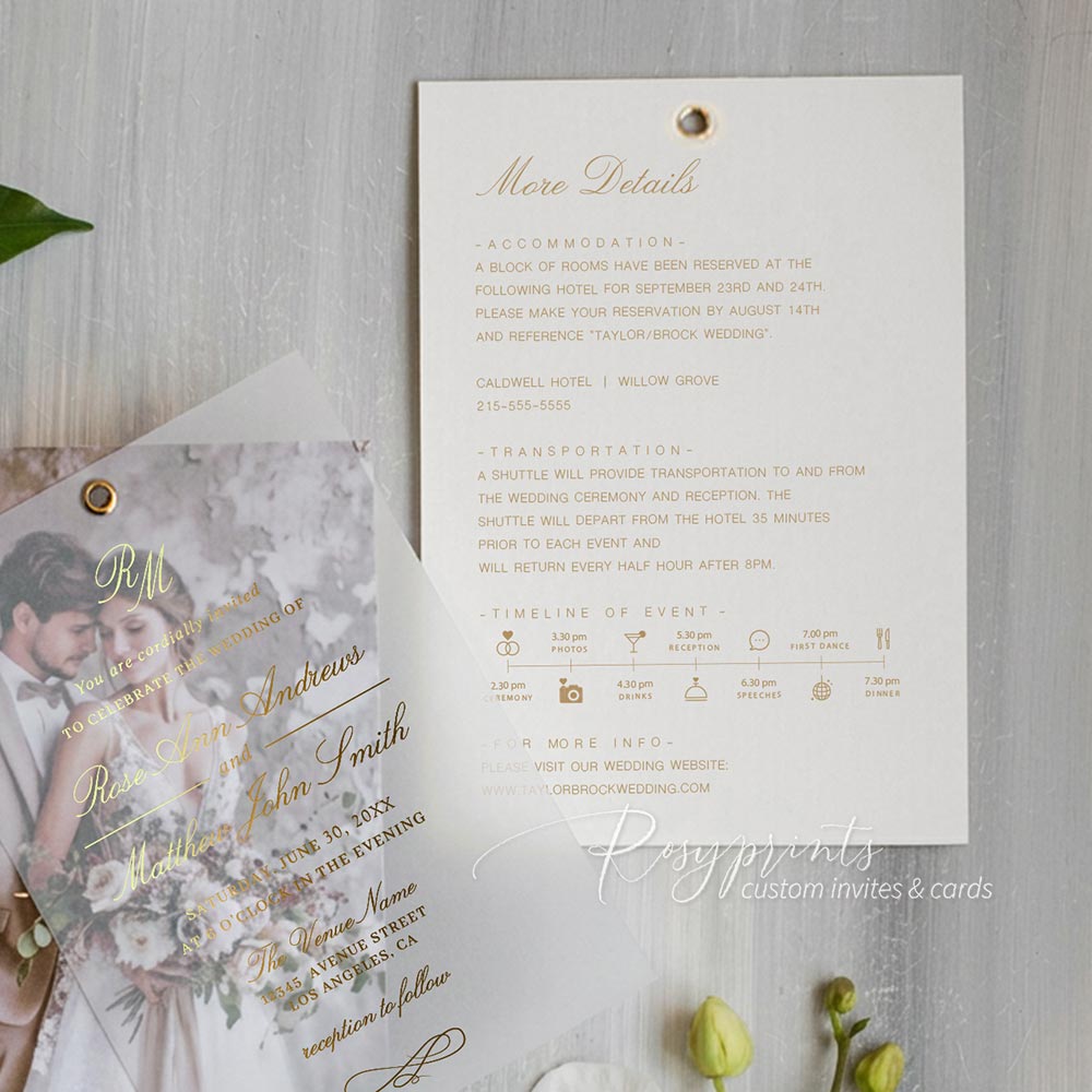 gold foil vellum overlay photo wedding invitations