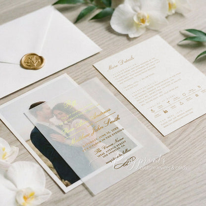gold foil vellum overlay photo wedding invitations