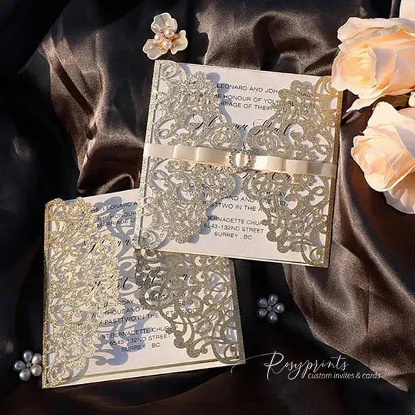 white and gold glitter gatefold wedding invitations ROSYG09 - Rosy Prints