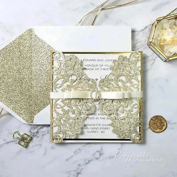 white and gold glitter gatefold wedding invitations ROSYG09 - Rosy Prints