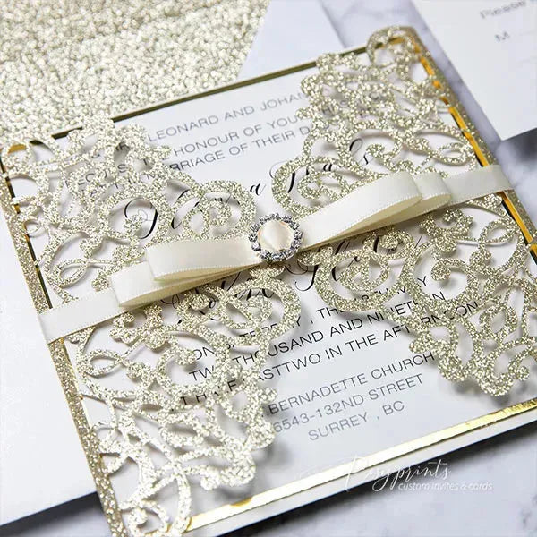 white and gold glitter gatefold wedding invitations ROSYG09 - Rosy Prints