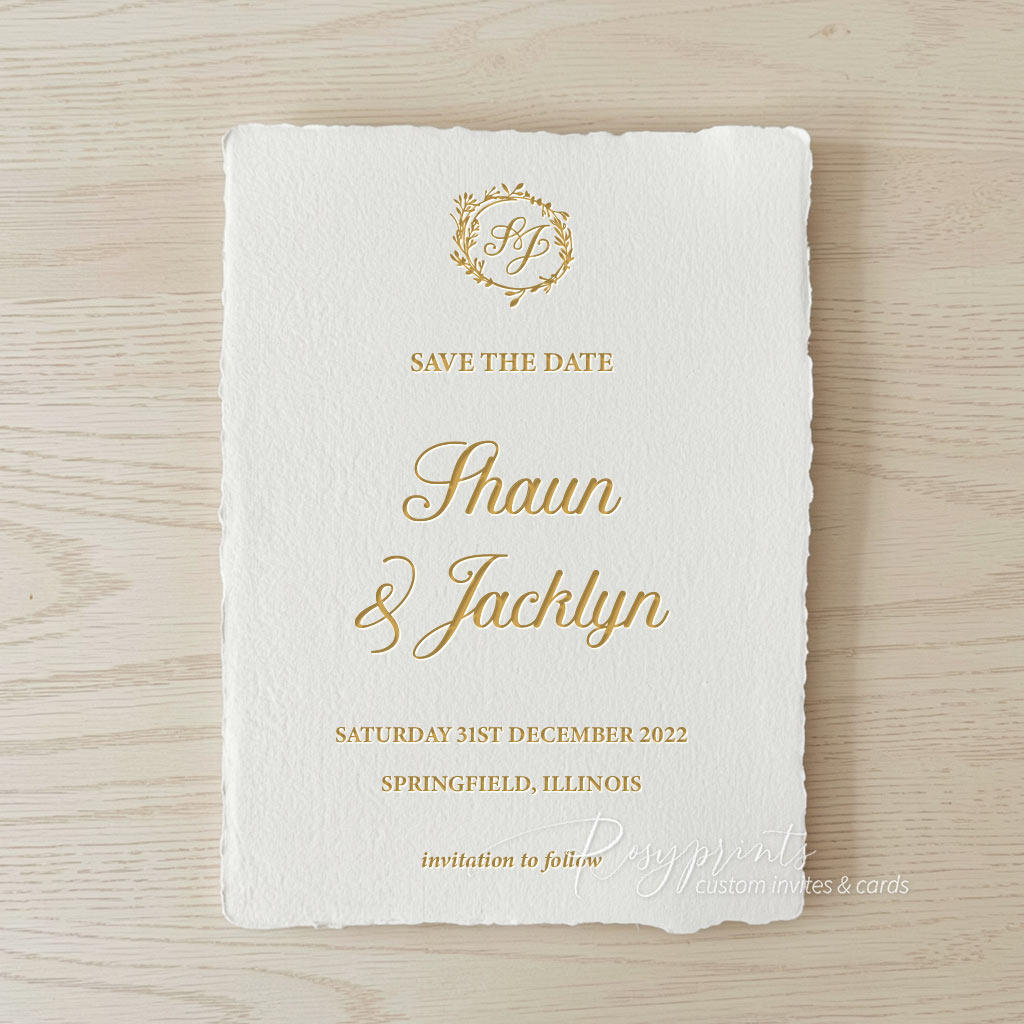 gold foliage wreath letterpress save the dates