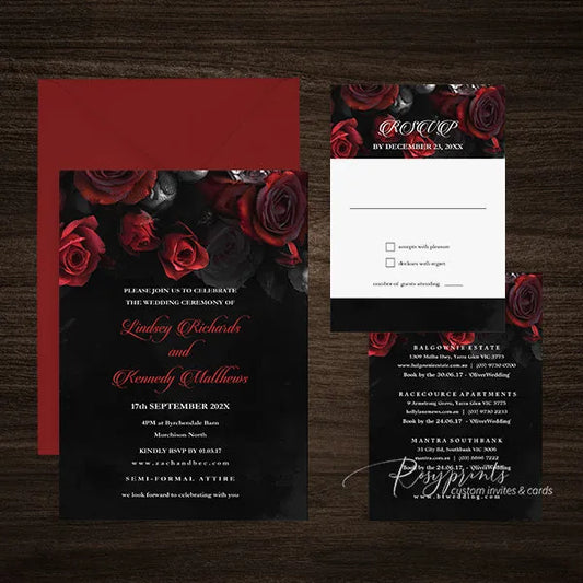 moody gothic black and red floral wedding invitation RPS53