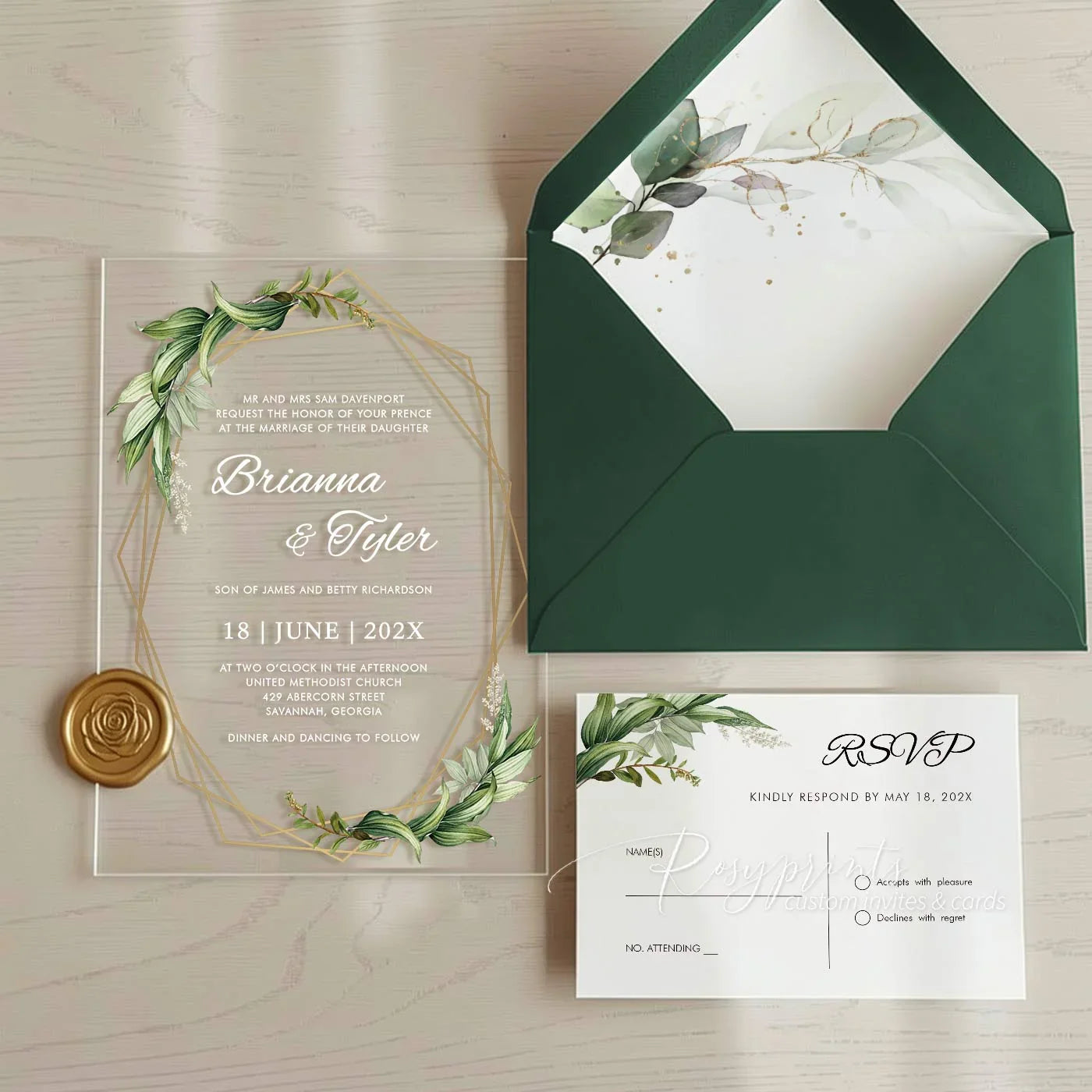 green and gold clear acrylic wedding invitations