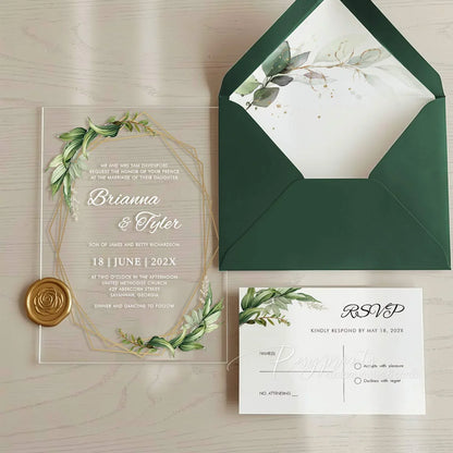 green and gold clear acrylic wedding invitations