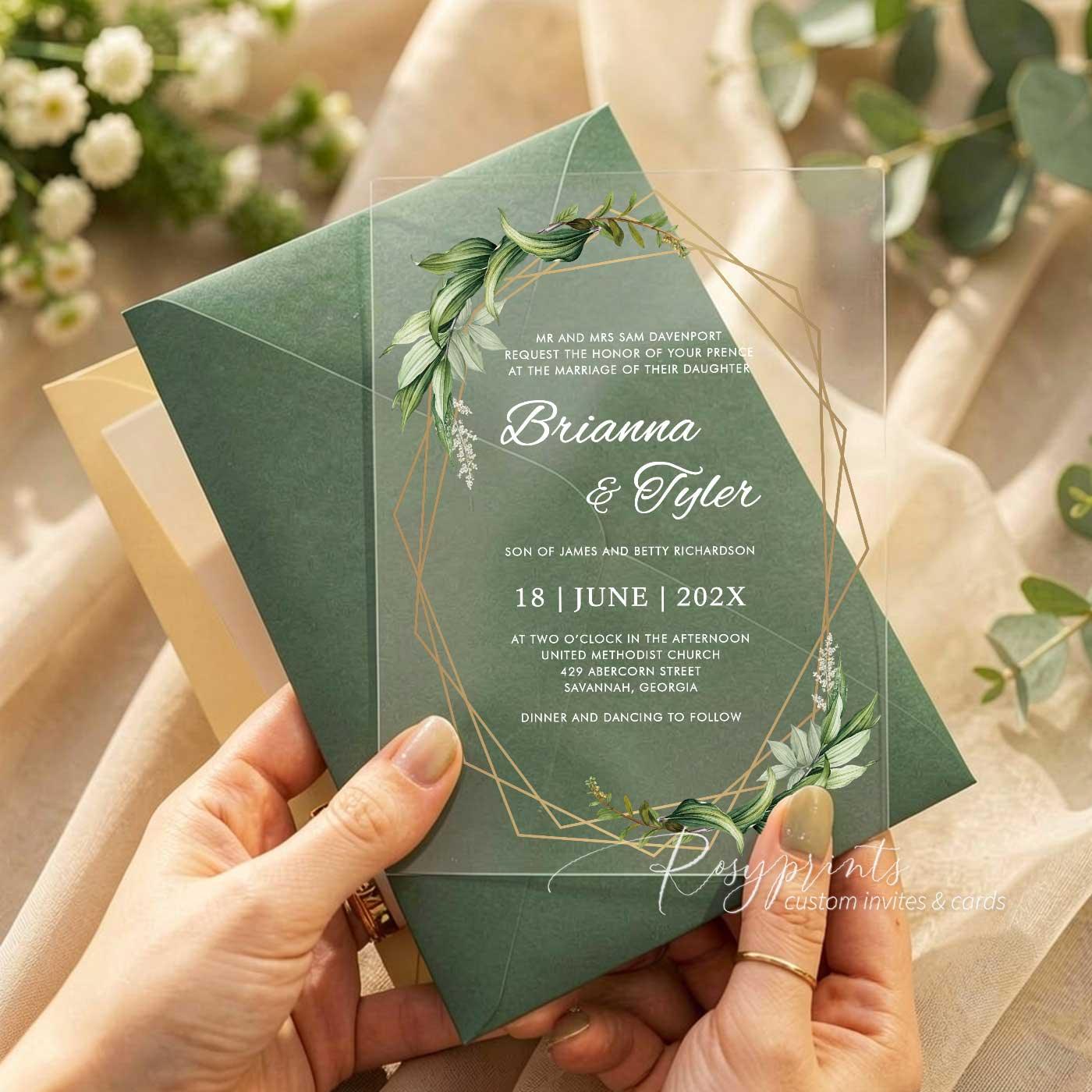 green and gold clear acrylic wedding invitations