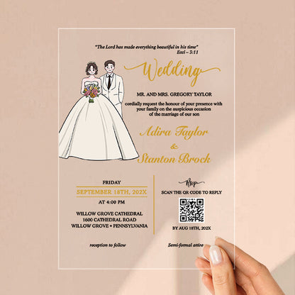 Wedding invitation card with illustrations of a bride and groom on a clear acrylic card.