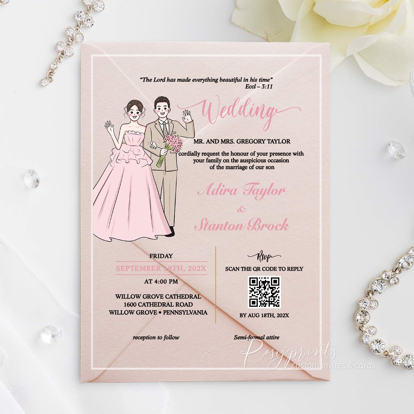 Wedding invitation card with illustrations of a bride and groom on a clear acrylic card.